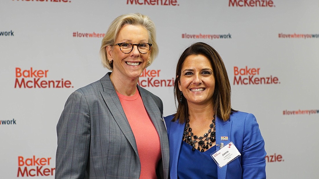 Tampa Mayor Jane Castor, left, and Jamie Lawless, executive director of Baker McKenzie&#39;s new Tampa Center, which opened on Monday in downtown Tampa. Courtesy photo.