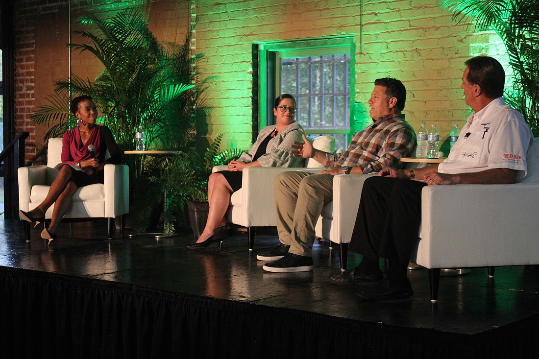 USF&#39;s Dalia Colon, left, moderates a Sept. 30 panel discussion about the new Hospitality Leadership Program with local industry leaders Viviana Leyva, Jeff Gigante and Steve Westphal. Photo by Julia Severance/USFSP.