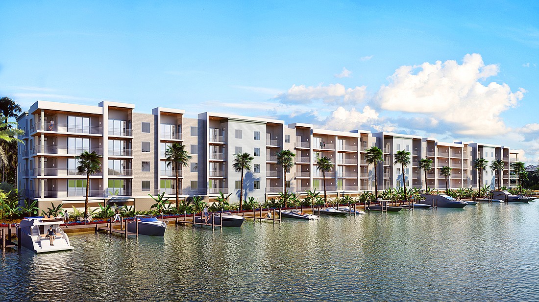 A rendering of The Strand shows the 4-story condominium neighborhood in Sarasota.