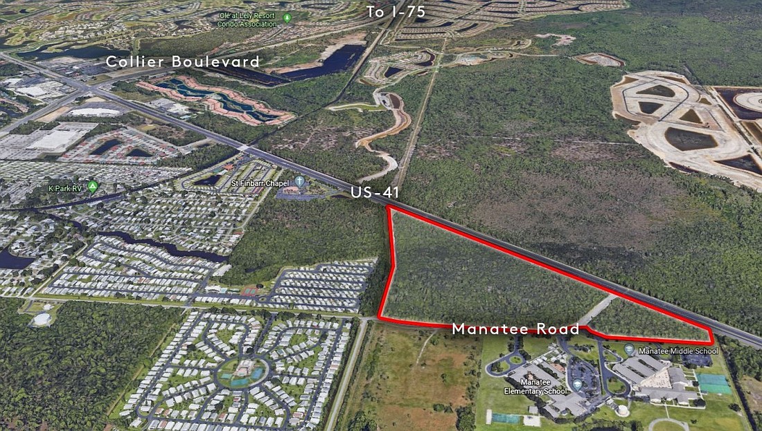 This highlighted map shows the location where Pulte Homes plans to build Manatee Cove in eastern Collier County.