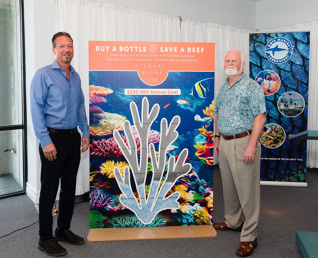 Courtesy. Scott Sensenbrenner, president and CEO of Enzymedica, and Michael Crosby, president and CEO of Mote Marine, recently held a launch event to announce the partnership between the two organizations.