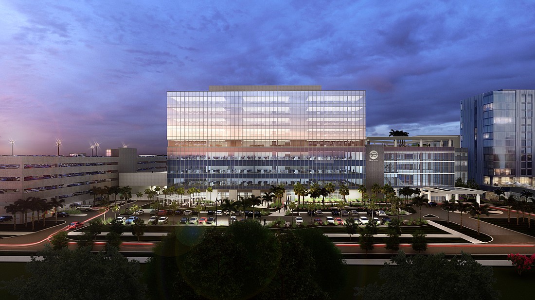 Courtesy rendering. SkyCenter One at Tampa International Airport, a nine-story, 270,000-square-foot building, is expected to be completed by spring 2021. Â
