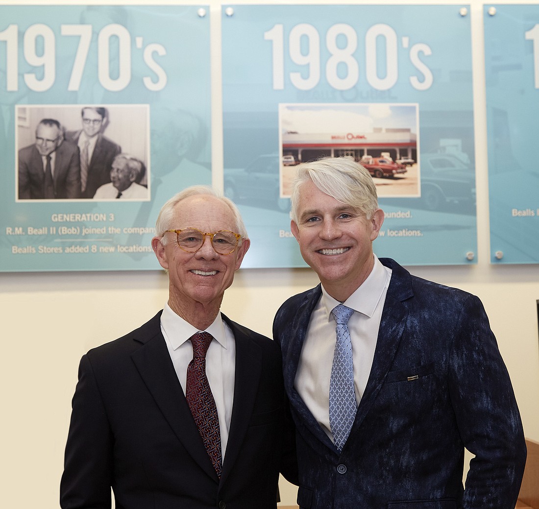 Courtesy. Robert "Bob" Beall, chairman emeritus of Bealls Inc. and his son Robert "Matt" Beall, who was recently named CEO of Beallâ€™s Inc.