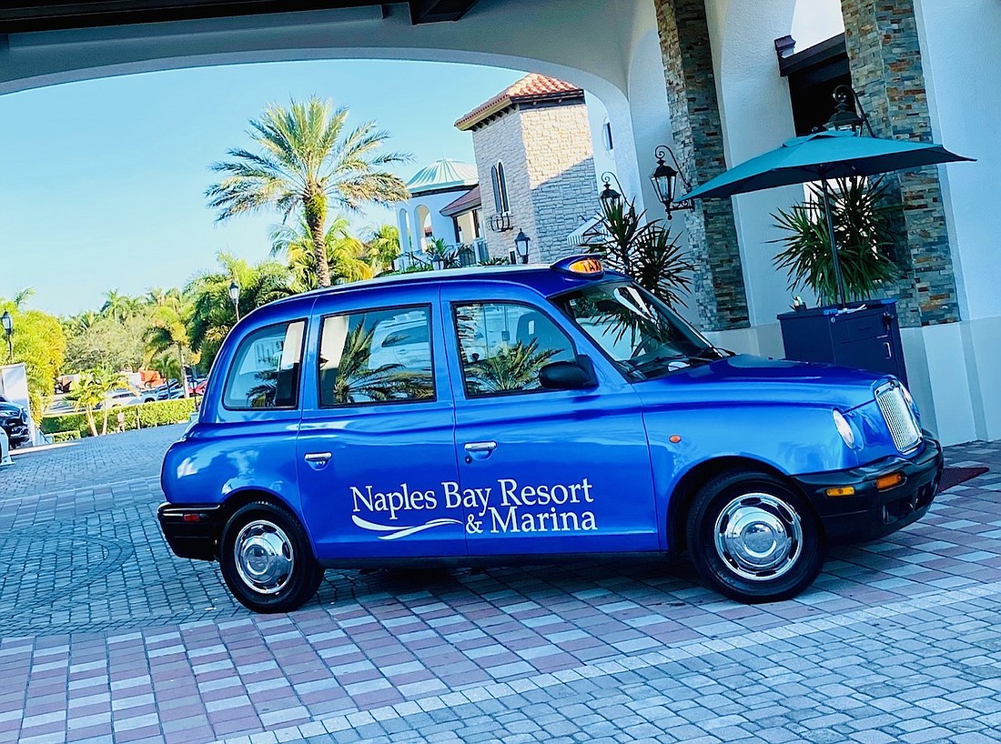 Courtesy. The Naples Bay Resort recently bought an authentic London taxi, manufactured in England.