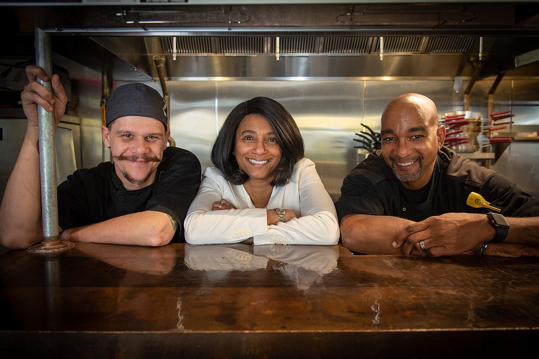 Lori Sax. Plaza Bistro &#39;n&#39; Tavern chefs Jesse Mann and Donovan Pollins with Michelle Schlingmann, COO of American Dreams Restaurant Group, who started in her role in September 2019.