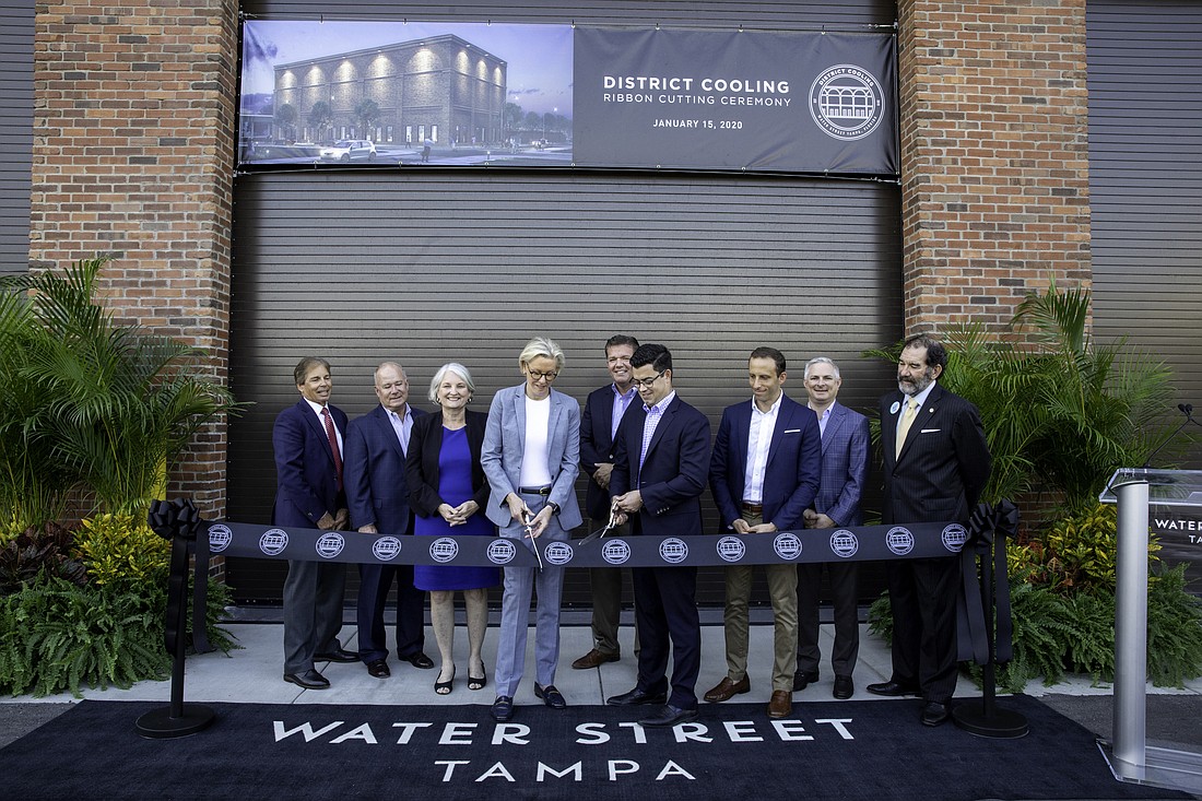 Tampa Mayor Jane Castor and Strategic Property Partners CEO James Nozar cut the ribbon on Water Street Tampa&#39;s District Cooling facility on Jan. 15. Courtesy photo.