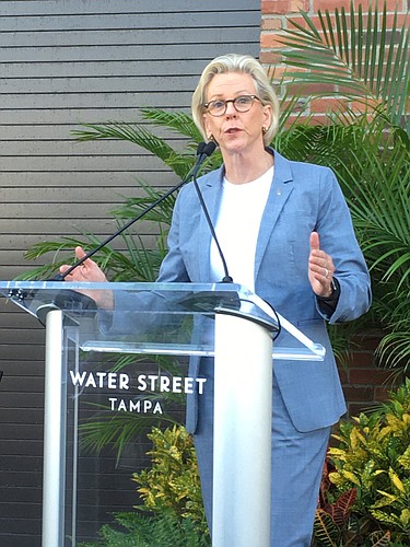 Brian Hartz. Tampa Mayor Jane Castor at a Water Street Tampa ribbon-cutting on Jan. 15. On Jan. 9, she answered questions at the Suncoast Tiger Bay Club&#39;s annual State of the Bay event.