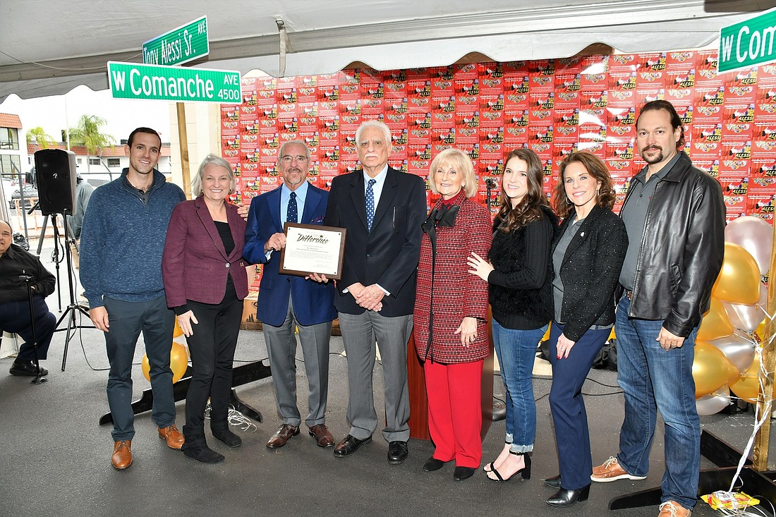 Hillsborough County and Vigo Importing Co. officials on Feb. 21 celebrated the renaming of part of West Comanche Ave. as Tony Alessi Sr. Avenue. Courtesy photo.