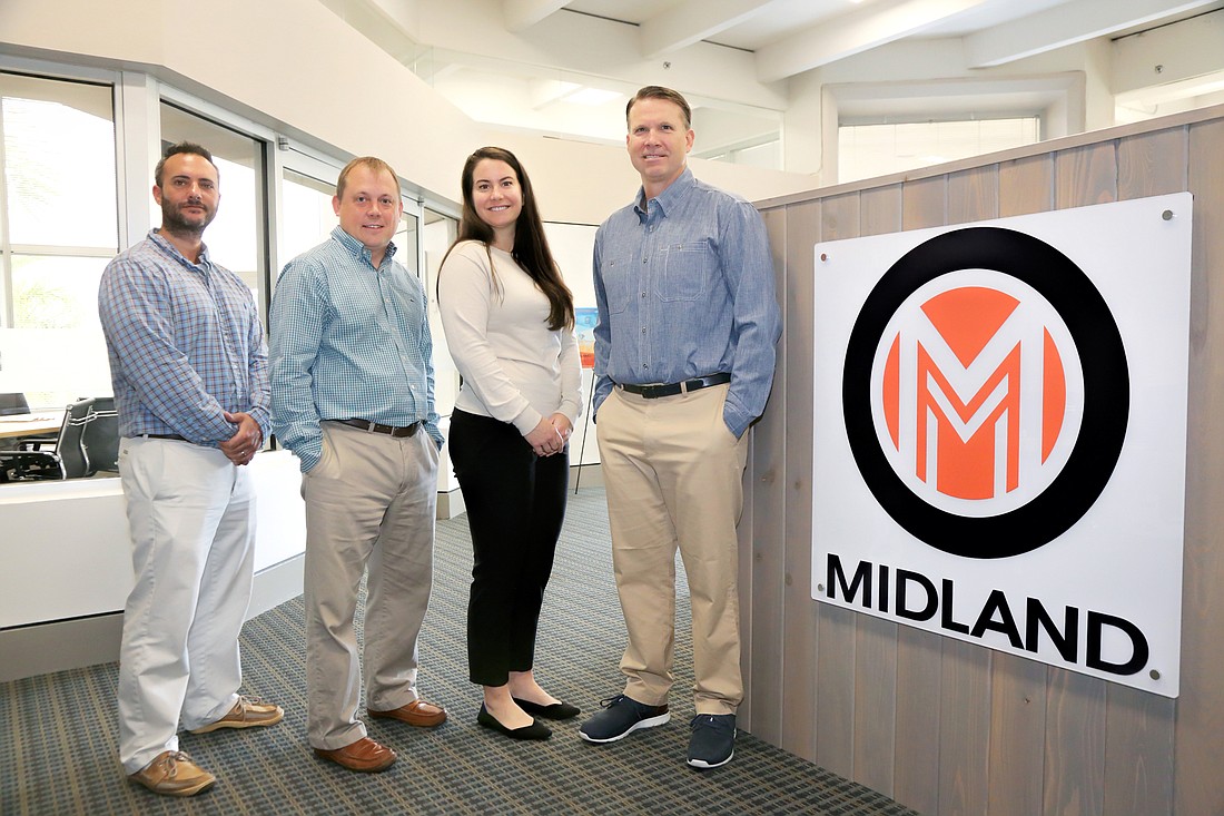 Stefania Pifferi. Warren Fountaine, Brandon Hall and Kelsey Dineen are three Midland Financial Corp. employees who now own 25% of the firm, which is run by Dave Owens, right, through an employee stock ownership trust.