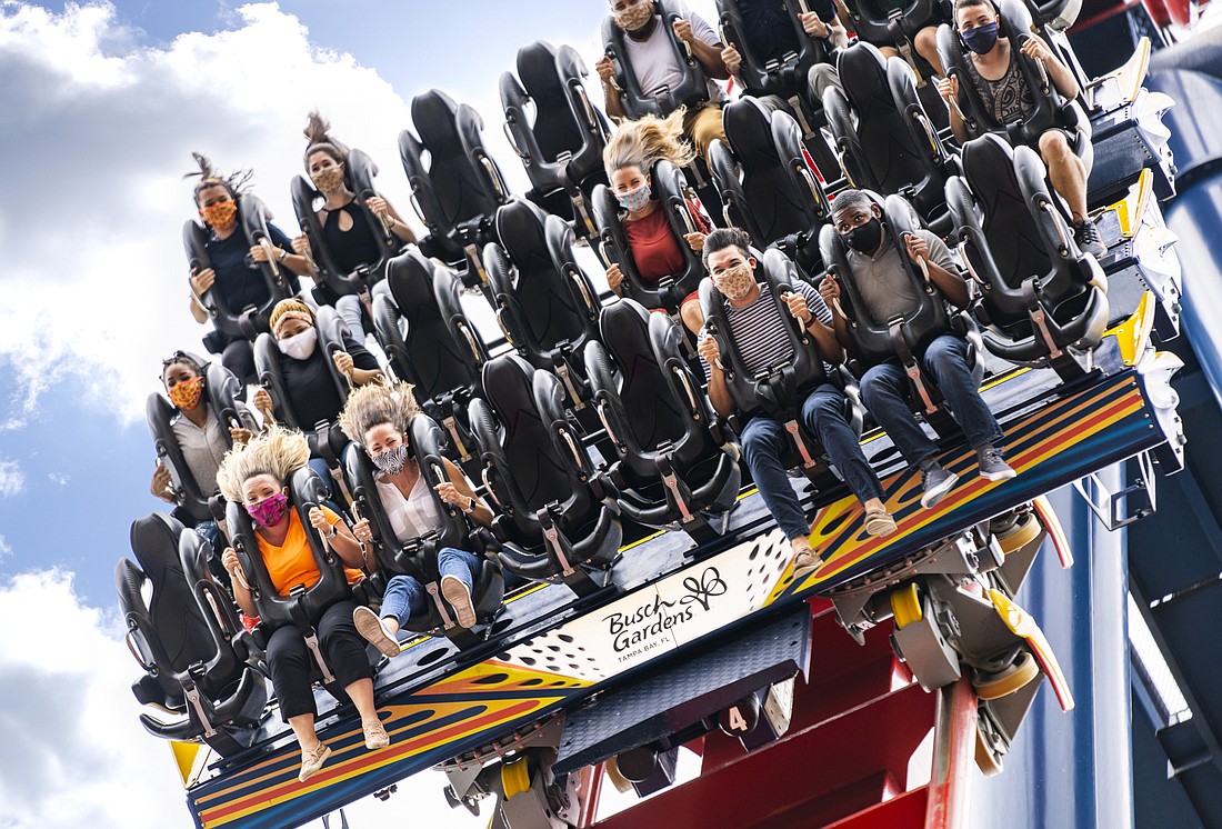 Courtesy. Rollercoaster riders are required to wear masks at the reopened Busch Gardens Tampa Bay.