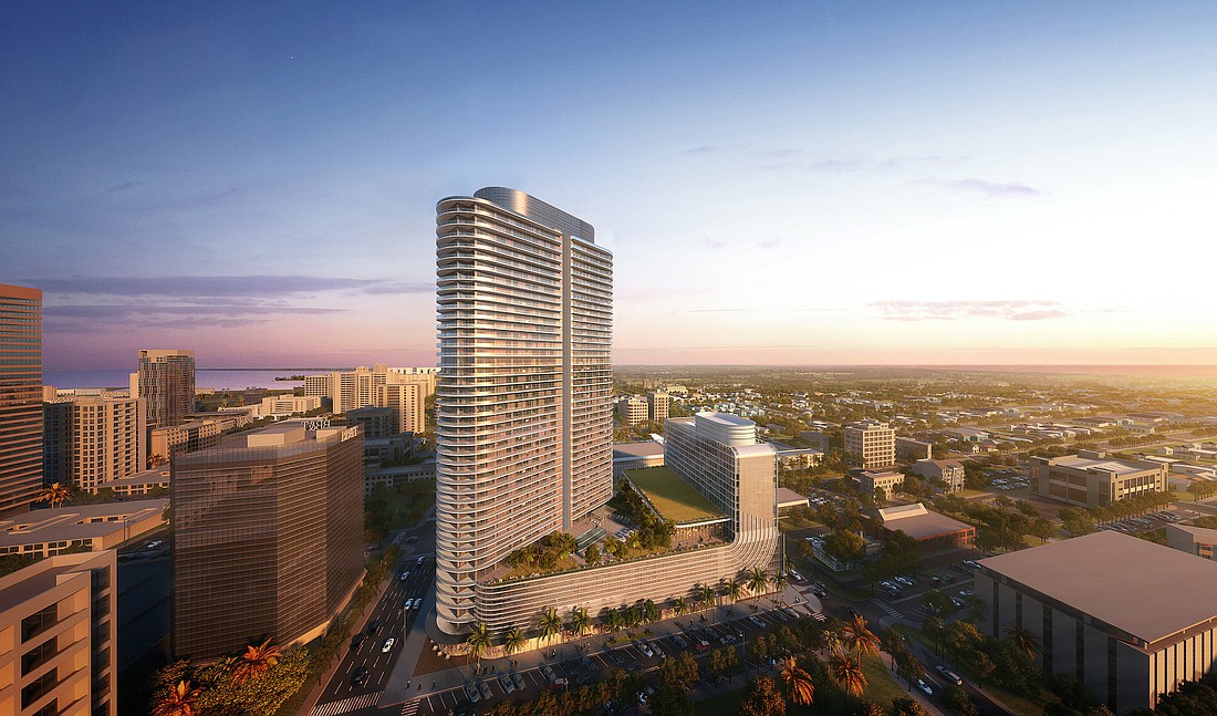Courtesy Red Apple Group. A rendering of Red Apple Real Estateâ€™s 46-story, multi-use tower planned for downtown St. Petersburg.