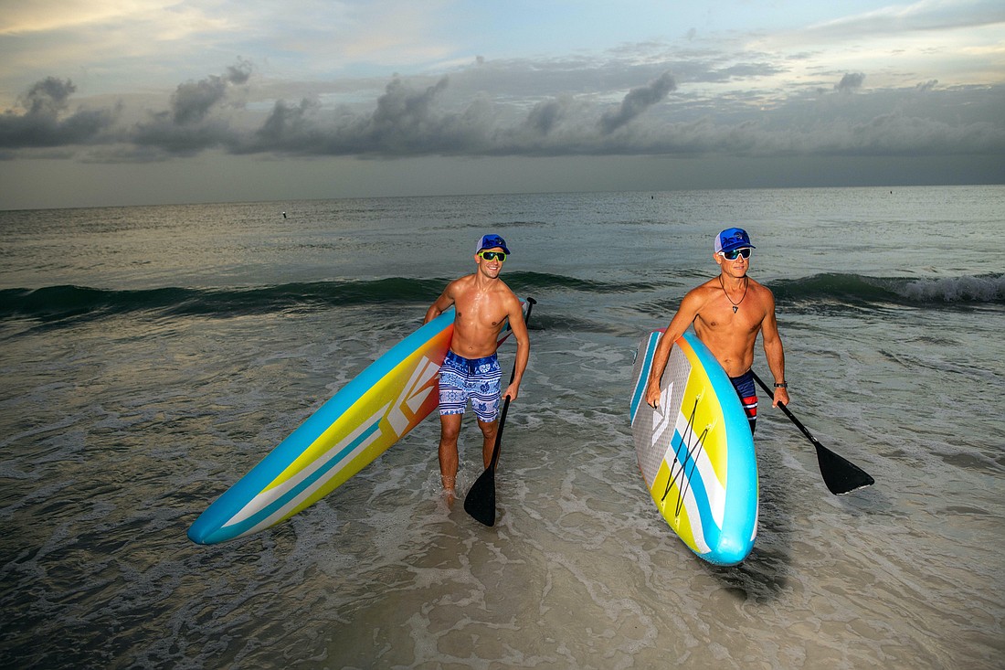 Courtesy. Triathlete and former Olympian Rich Allen, who moved from the U.K. to Tampa Bay, has launched a line of inflatable stand-up paddleboards and wetsuits.