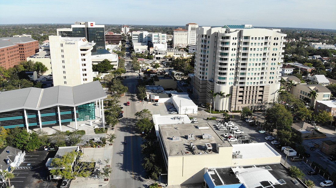 COURTESY PHOTO â€” An affiliate of Belpointe REIT of Connecticut has acquired the 1700 block of Main Street in downtown Sarasota (lower right) and an adjacent building for nearly $12 million.