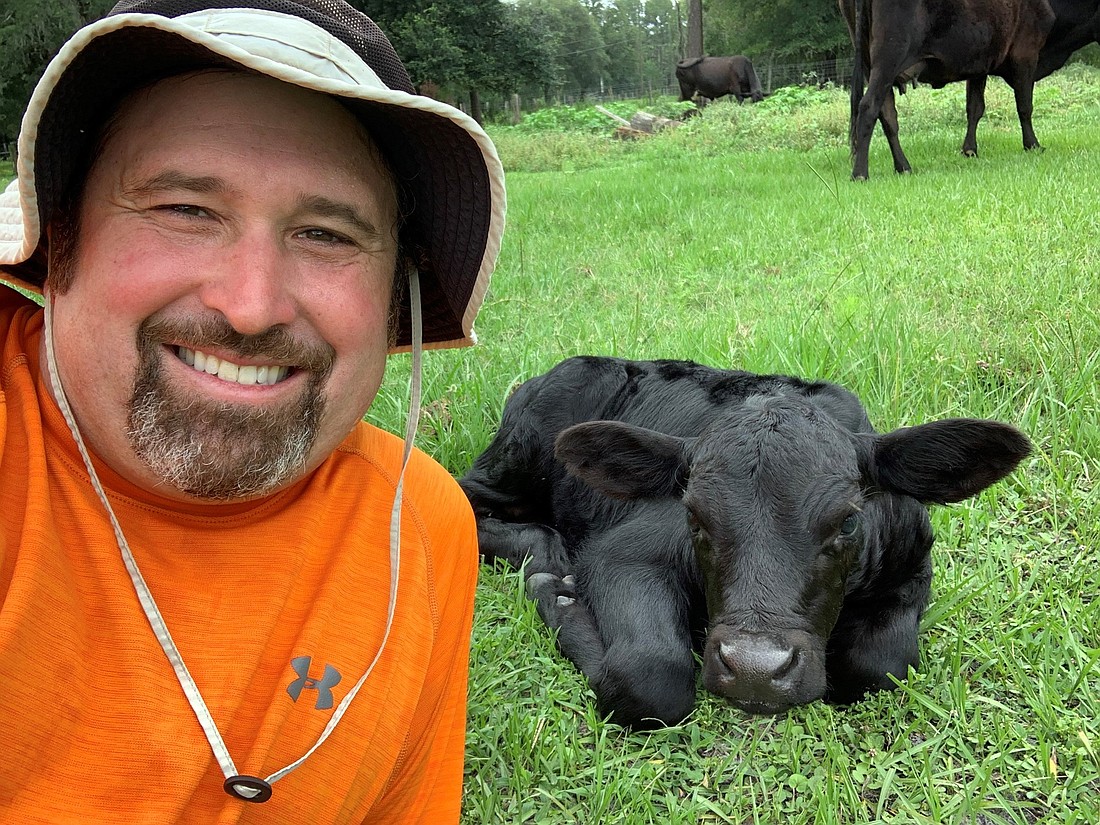 Courtesy. Lane Mendelsohn with one of the cows at his 75-acre ranch in Pasco County.