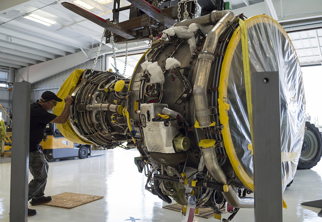 Courtesy. Miami area aviation industry attorney and executive Patrice Robinet donated this $2 million engine for training purposes to Charlotte Technical College.