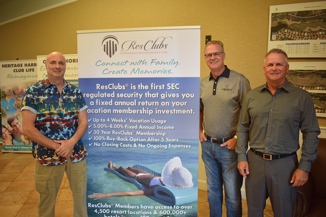 Jay Heater. ResClubs CEO Craig Williamson and Heritage Harbour Golf Club & Eatery&#39;s Mark Bruce and Rick Nelson recently talked to the public in east Manatee County about resort opportunities.