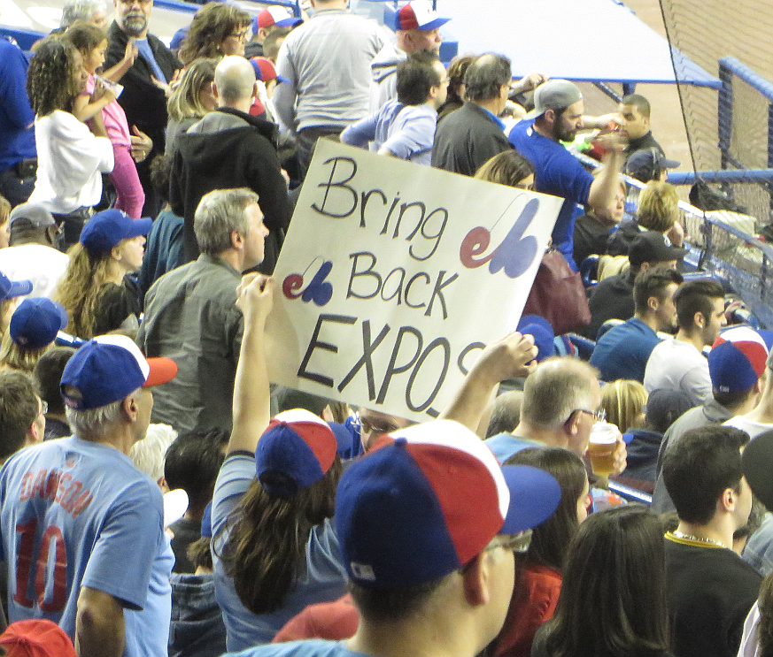 Wikimedia/Resolute. Fans called for a return of the Montreal Expos in April 2015 when the Toronto Blue Jays played an exhibition game vs. the Cincinnati Reds at Montreal&#39;s Olympic Stadium.