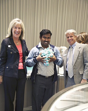 Prize winner Venkata Gudipati with Moore and Daddario.