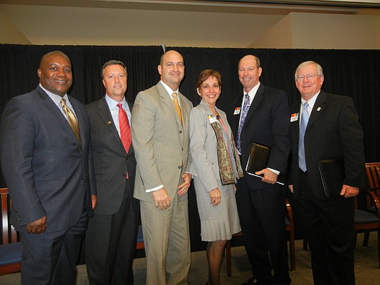 From left, a panel discussion Thursday featured Jacksonville Transportation Authority CEO Nathaniel Ford, Jacksonville University President Tim Cost, Duval County Superintendent Nikolai Vitti, moderator Elaine Johnson, JAX Chamber interim President Je...
