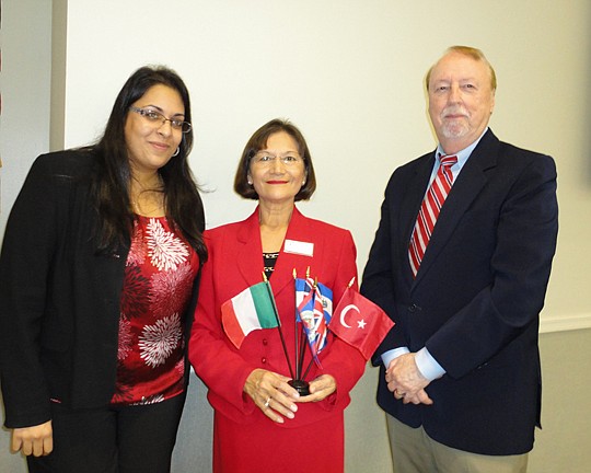 Marie Farrell of Farrell International Realty (center) with Sarah Gulati of Gulati &amp; Law and Michael Breen of the JAX Chamber at a recent Global Business Council meeting.