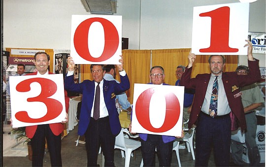 Marking the record-breaking membership landmark of more than 3001 are past presidents Dick Baker (1993), Glen Reynolds (1994) and H.R. "Buddy" James (1987) and member Nick Prince.