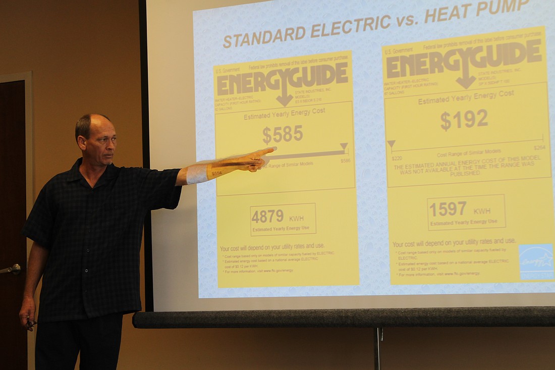 Rich Grimes compares the average cost of a traditional electric water heater to a heat pump water heater. After April, federal regulations will virtually mandate heat pump water heaters for models larger than 55 gallons, Grimes said.