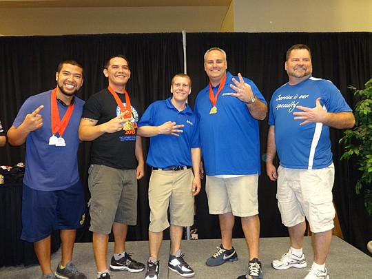 Winners at the annual Maintenance Mania competition are Jimmy Garcia, The Lakes at Ponte Vedra, first place; Brandon Gay, Fieldstone Village, second place; Kyle Slagle, Avesta Sunbeam, third place; Matt Metz, Avesta Sunbeam, fourth place; and Lee Caud...