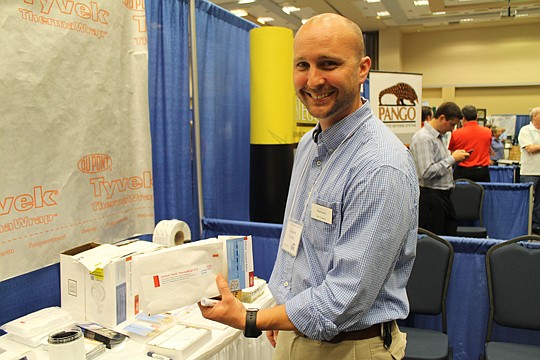 Dan Greene of Parksite Solutions, a vendor for Tyvek house wrap, brought an insulated version of the product to NEFBA's annual Trade Expo. Tyvek ThermaWrap both protects a house from moisture and insulates in areas where wood studs would normally caus...
