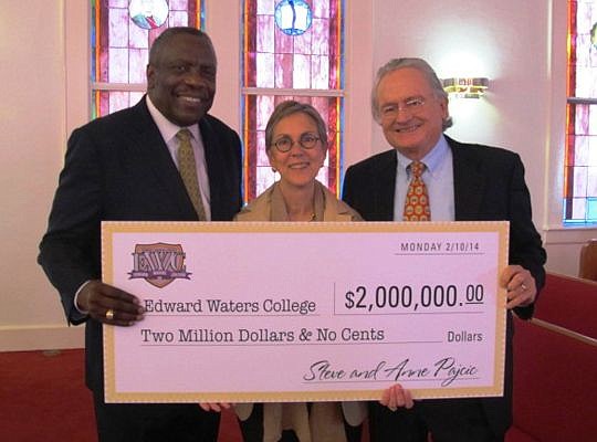 From left, Edward Waters College President Nat Glover, Anne Pajcic and Steve Pajcic announce a $2 million donation to the college.