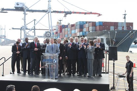 With Gov. Rick Scott, Mayor Alvin Brown and others behind him, JaxPort board Chair Joe York talks about channel deepening and its impact on the area. The Monday news conference highlighted recent board decisions approving an Intermodal Container Trans...