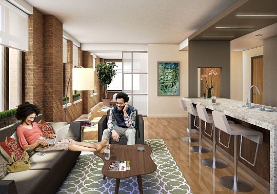 A rendering of the living room of the apartments planned for the Barnett Bank Building.