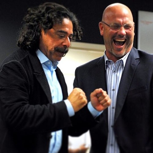 Jacksonville Jaguars owner Shad Khan and coach Gus Bradley react Thursday night to the selection of quarterback Blake Bortles as the team's No. 1 draft pick. Photo by Rick Wilson / jaguars.com