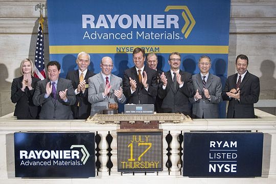Rayonier Advanced Materials Inc. Chairman and CEO Paul Boynton (center) rang the opening bell on the New York Stock Exchange Thursday morning.