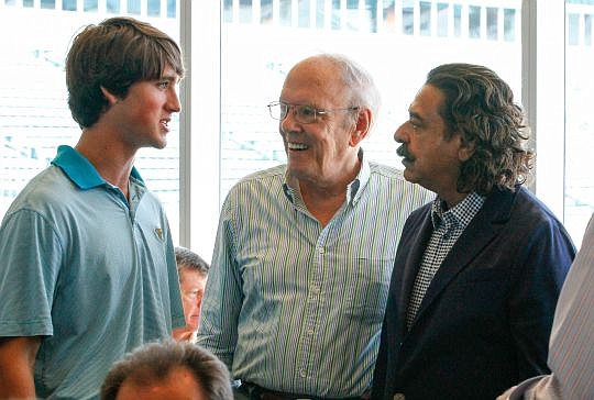 Jacksonville Jaguars owner Shad Khan (right) chats with Preston Haskell (center) and his grandson, Will Singletary. Khan, team President Mark Lamping, General Manager Dave Caldwell and head coach Gus Bradley all spoke at the event.