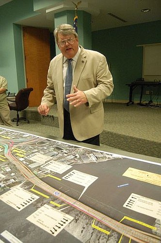 City Council member Robin Lumb shares plans for the Overland Bridge project.