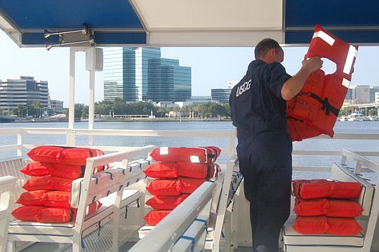 The city's two water taxis received a thorough inspection Thursday by the U.S. Coast Guard, including an inventory of life jackets available on each vessel. Service resumes today.