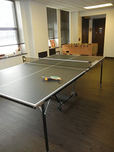 The pingpong and foosball tables in the break room are popular. Feature[23] staff will take part in a pingpong tournament being planned among several Downtown technology firms, which also have table-tennis equipment at their offices.