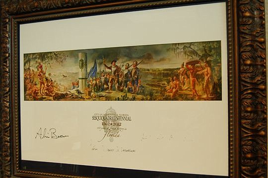 A print of the mural by Lee Adams that was restored for Jacksonville's 450th anniversary celebration of French history in the city.