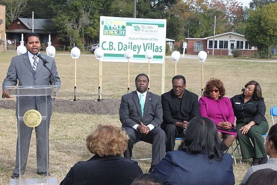 The Rev. Torin Dailey, head of the First Baptist Church of Oaklan, talks about his father, the Rev. Charles B. Dailey, during a groundbreaking event in East Jacksonville as Mayor Alvin Brown, City Council member Johnny Gaffney, U.S. Rep. Corrine Brown...
