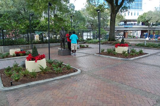 This area of Hemming Park near the bronze statue of the late U.S. Rep. Charles E. Bennett will debut Monday as "Charlie's CafÃ©."