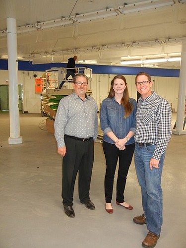 Peterbrooke Chief Operating Officer Jeffery Smith, Hickory Foods Inc. Marketing Manager Elizabeth Cordell and Andy Stenson, vice president of marketing and business development for Hickory Foods, in the space that will become the main production room ...