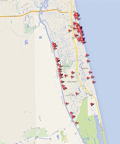 The red pins indicate demolitions from 2011-14. (Source: St. Johns County permits)