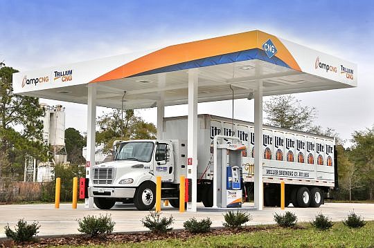 Jacksonville's first public compressed natural gas station opens on the Southside today at 9711 Mining Drive. Champion Brands Inc., a local beer trucking company pictured here, will be the anchor tenant.