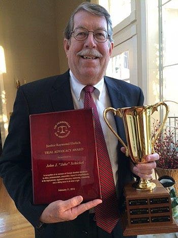 Jake Schickel added another honor to his collection when he received the Justice Ray Ehrlich Trial Advocacy Award at The Jacksonville Bar Association meeting in February.