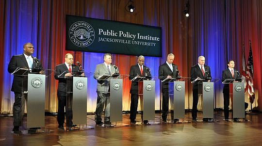 Topics for the seven candidates included violent crime, the drug trade, community and minority outreach, and gangs. From left are Tony Cummings, Jay Farhat, Jimmy Holderfield, Ken Jefferson, Lonnie McDonald, Rob Schoonover and Mike Williams. (Photo by...