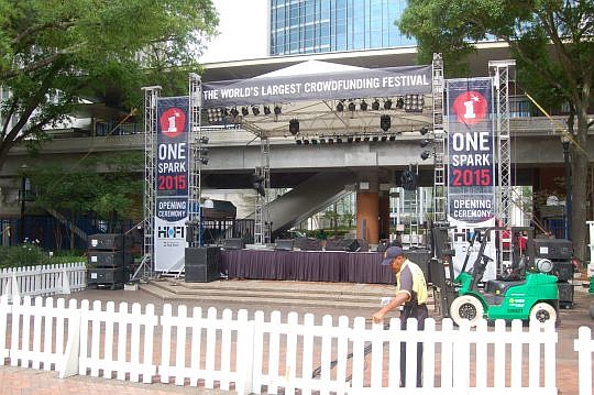The stage at Hemming Park near the Skyway platform will be the site of the opening and closing ceremonies for One Spark 2015.