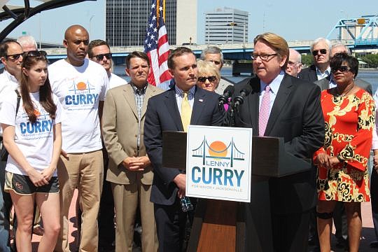 John Delaney, right, announced his endorsement of fellow Republican Lenny Curry for Jacksonville mayor at a news conference today. Delaney served two terms as mayor before becoming president at the University of North Florida.