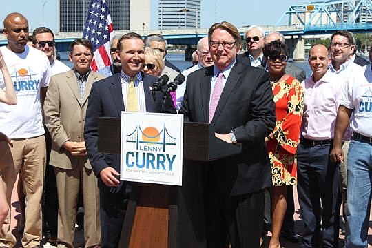 Former Jacksonville Mayor John Delaney, right, endorsed candidate Lenny Curry in the race against Mayor Alvin Brown.