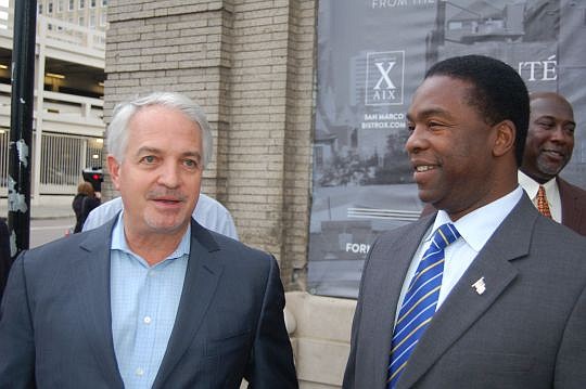 Cowford Chophouse partner Jacques Klempf, left, and Mayor Alvin Brown at this morning's update on the new restaurant.
