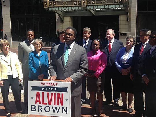 Mayor Alvin Brown received several endorsements Thursday, including those from Republicans Alberta Hipps and Matt Carlucci, second and third from right. Both were former council presidents.